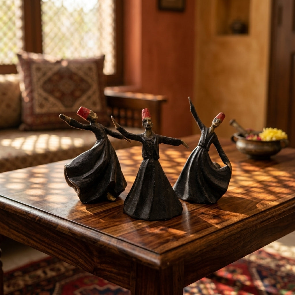 Whirling Sufi Dervish Figurines – Set of 3 Handcrafted Resin Sculptures – Elegant Table Decor for Living Room, Console Table & Office