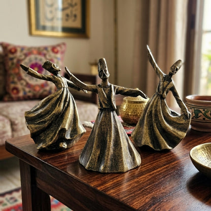 Whirling Sufi Dervish Figurines – Set of 3 Handcrafted Resin Sculptures – Elegant Table Decor for Living Room, Console Table & Office