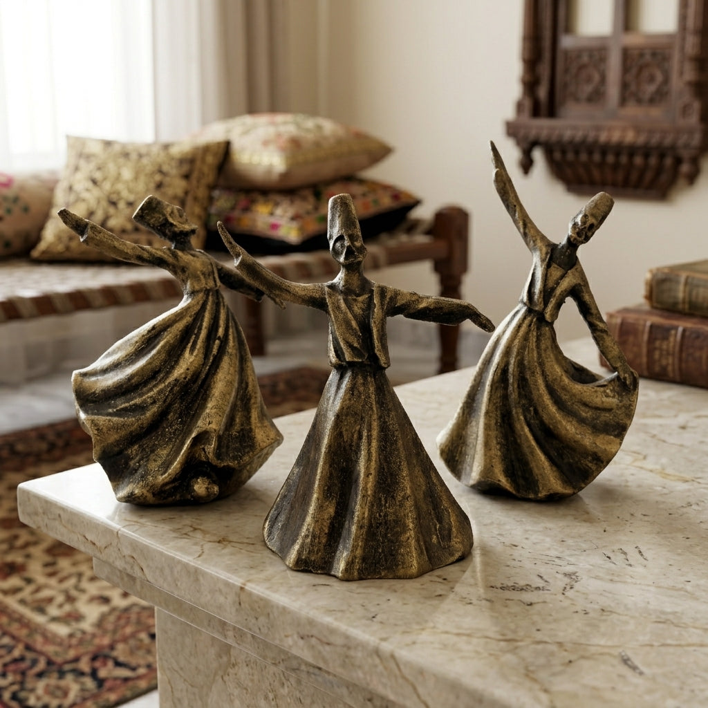 Whirling Sufi Dervish Figurines – Set of 3 Handcrafted Resin Sculptures – Elegant Table Decor for Living Room, Console Table & Office