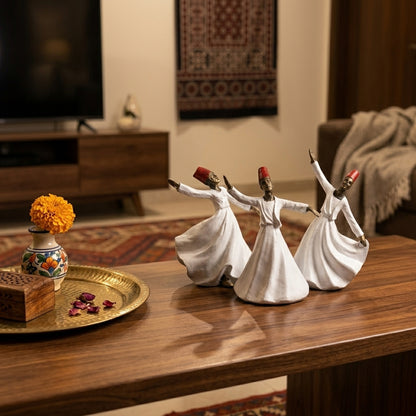 Whirling Sufi Dervish Figurines – Set of 3 Handcrafted Resin Sculptures – Elegant Table Decor for Living Room, Console Table & Office